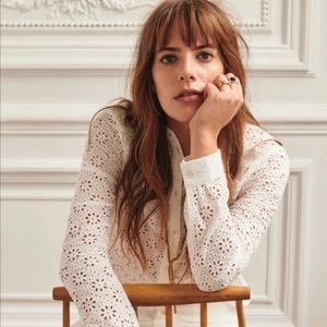 Sezane 36 small Leo top white eyelet ruffle bib